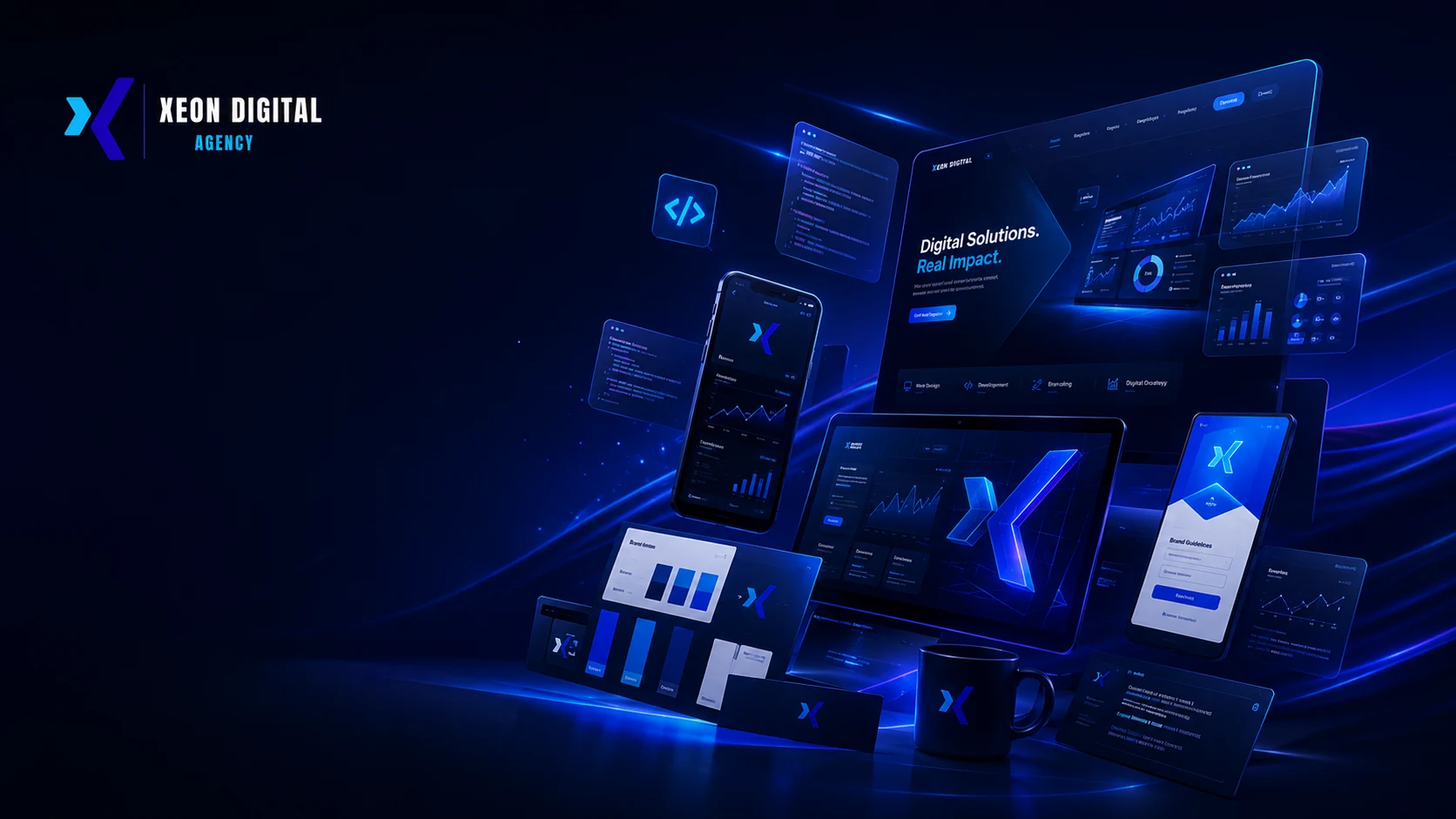 Écosystème digital premium avec interfaces web, mobile et tableaux de bord